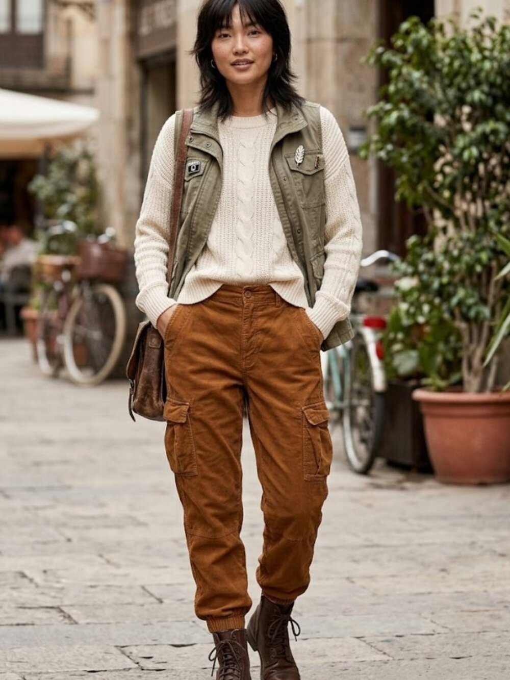 American Eagle Women's Size 8 Brown Button Fly Corduroy Cargo Joggers Pant Indie